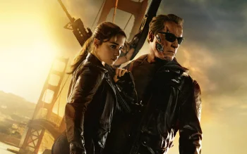 Sarah Connor and the T-800 with the Golden Gate Bridge in the background