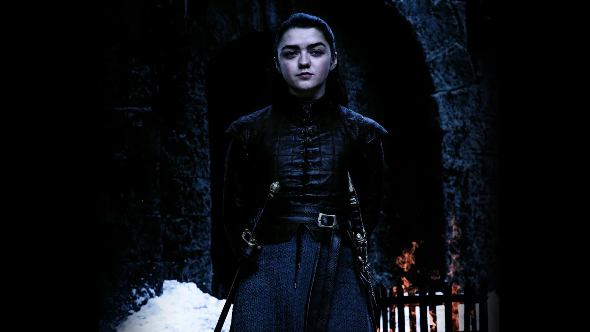 arya stark in the twilight of winterfell, game of thrones, castles, characters, actors, fire, macy williams, snow, swords, tv shows, warriors, weapon, women, movies, cinema