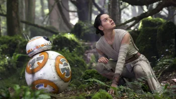 rey and the bb-8 droid in the forests of takodana, star wars: the force awakens, characters, actors, cinema, forest, forests, landscapes, robots, science fiction, star wars, trees, movies