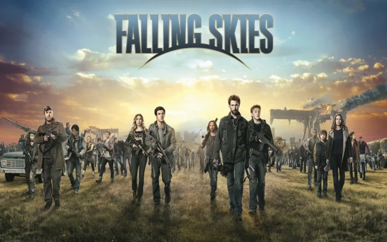 A group of survivors against the backdrop of a ruined city in the TV series "Fallen Skies"