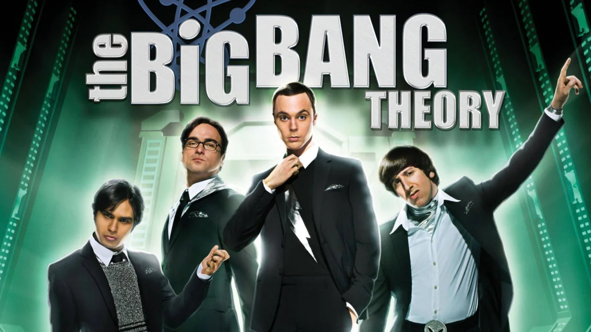 The characters from the TV series "The Big Bang Theory" in formal suits against a green background
