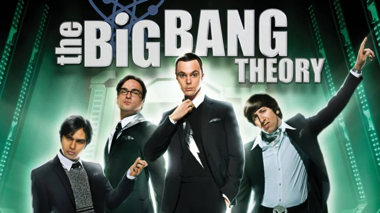 The characters from the TV series "The Big Bang Theory" in formal suits against a green background