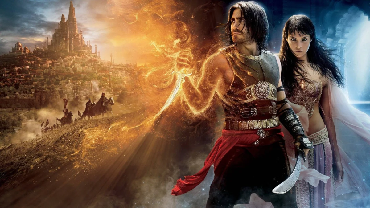 Prince Dastan and Princess Tamina against the backdrop of an ancient city in the movie "Prince of Persia: The Sands of Time"