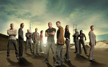 The cast of the series "The Escape" against the backdrop of an industrial landscape