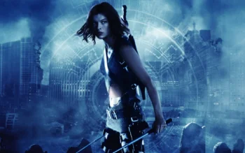 Alice in the heart of a ruined city from the movie "Resident Evil"