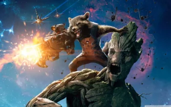 Rocket Raccoon and Groot in the heat of battle in outer space