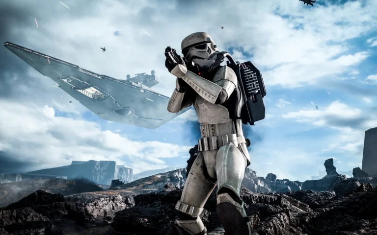 An assault craft on a rocky planet, under the cover of a Star Destroyer