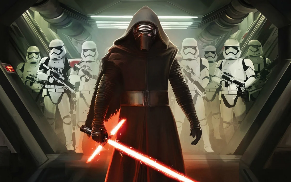 Kylo Ren surrounded by First Order stormtroopers