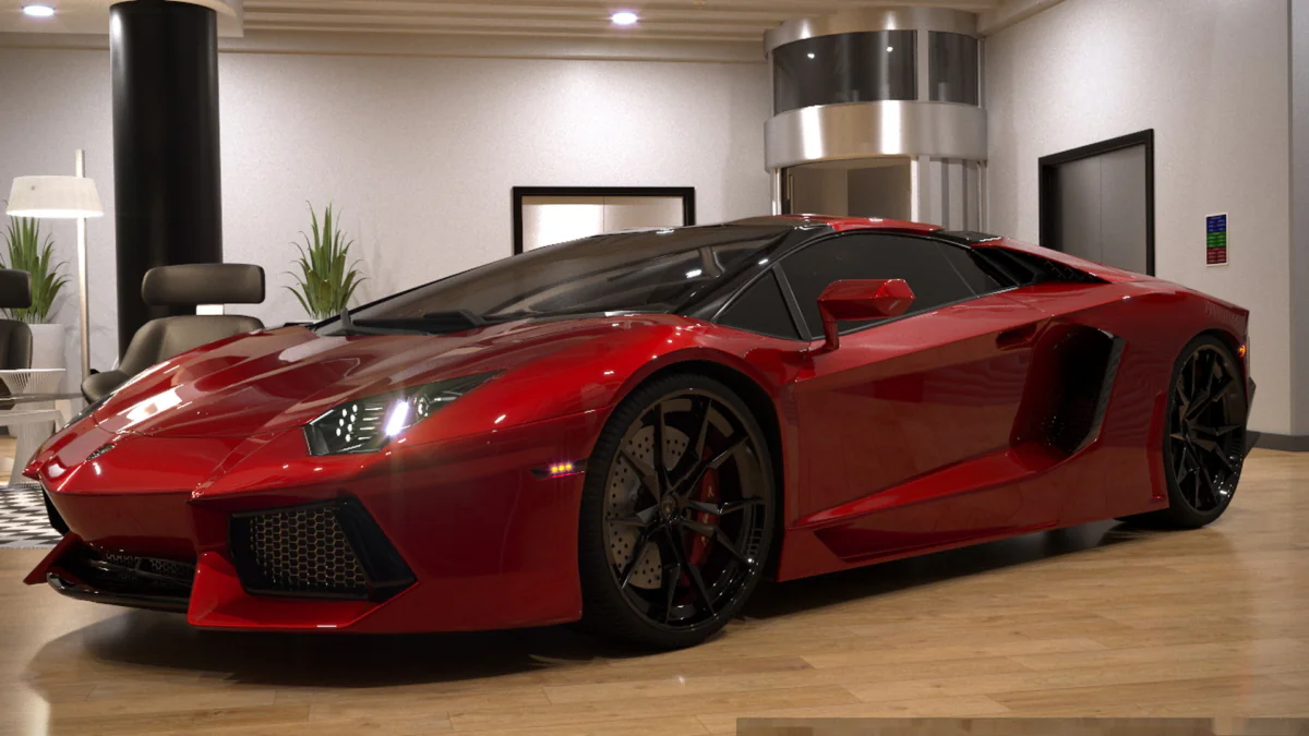 Красный Lamborghini Aventador в интерьере современного шоурума