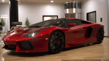 Красный Lamborghini Aventador в интерьере современного шоурума