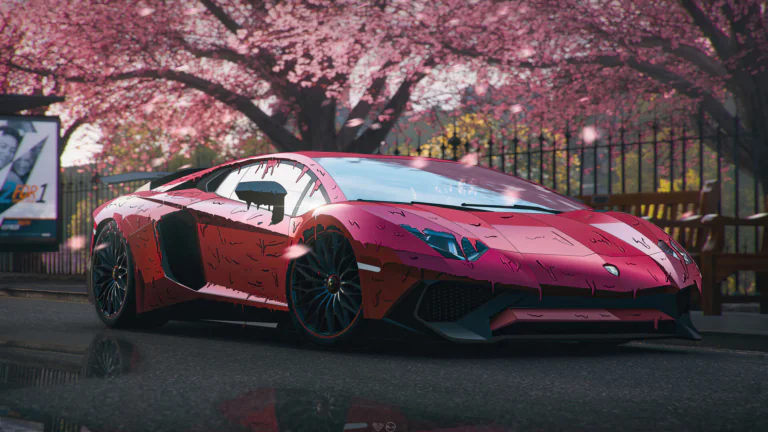 Красный Lamborghini Aventador под цветущей сакурой