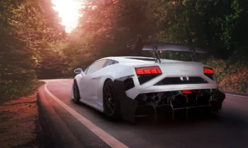 Белый Lamborghini Gallardo на лесной дороге