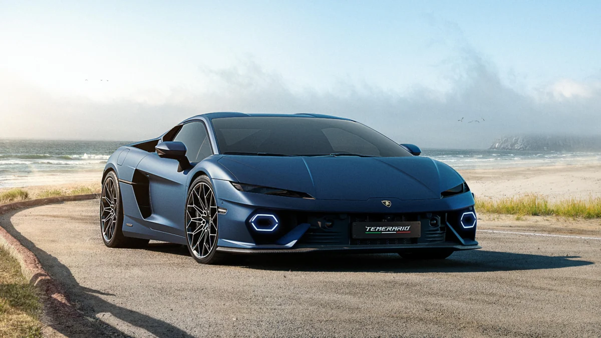 Синий Lamborghini Temerario на прибрежной дороге