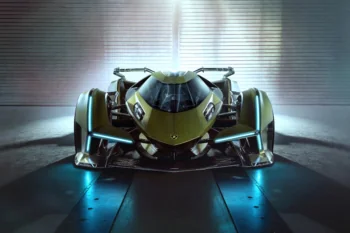 The futuristic Lamborghini Lambo V12 Vision GT concept in the spotlight