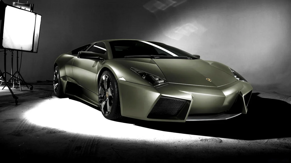A studio portrait of the Lamborghini Reventon in subdued lighting