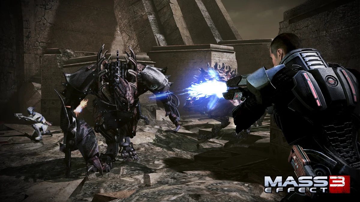Commander Shepard in the heat of battle with the Reapers amid the ruins