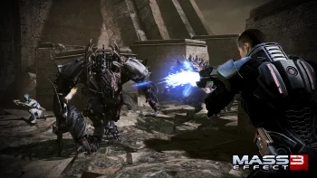 Commander Shepard in the heat of battle with the Reapers amid the ruins