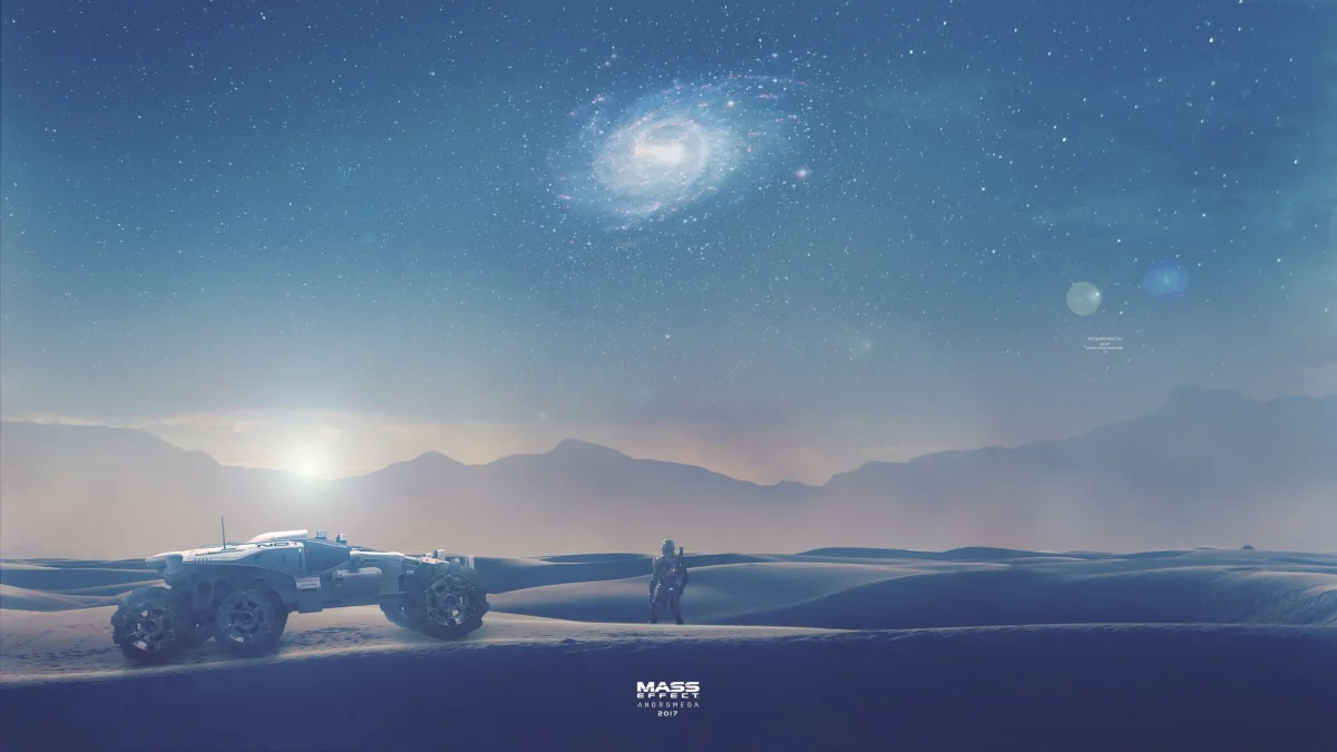 The Nomad rover against the backdrop of a distant planet's starry sky