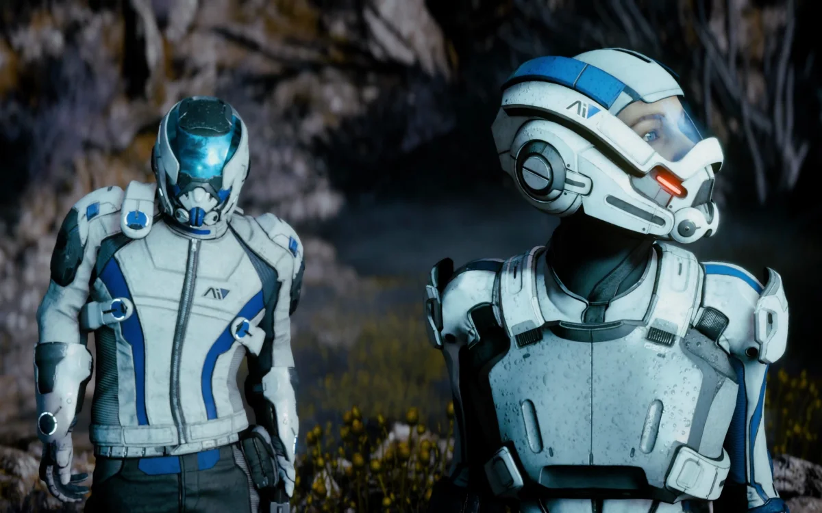 scouts from the andromeda initiative in the harsh conditions of an alien planet, characters, actors, cosmonauts, spacesuits, astronauts, fantasy, helmets, mass effect, масс эффект, games