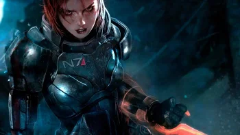 Jane Shepard in her N7 combat armor in the dim light
