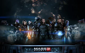 shepard's team against the backdrop of the starry sky, aliens, characters, actors, cosmonauts, spacesuits, astronauts, fantasy, galaxies, heroes, mass effect, масс эффект, warriors, weapon, games