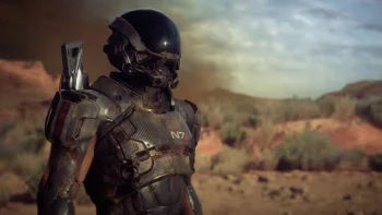commander shepard in n7 armor against a desert backdrop, characters, actors, cosmonauts, spacesuits, astronauts, deserts, fantasy, helmets, mass effect, масс эффект, warriors, games