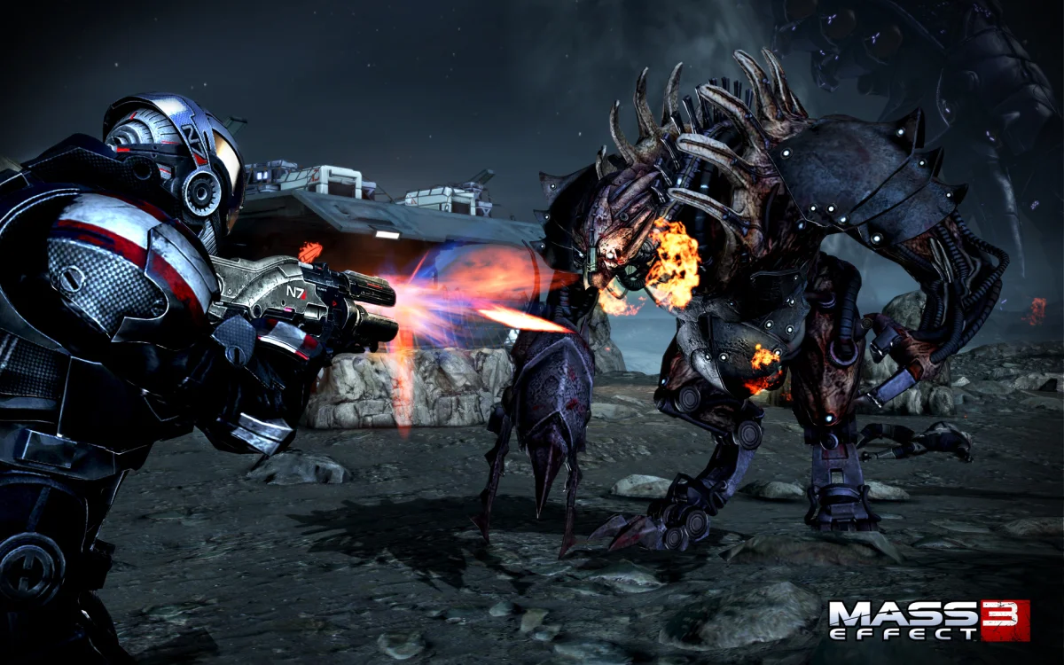 Commander Shepard in the heat of battle with a husk on a lifeless planet