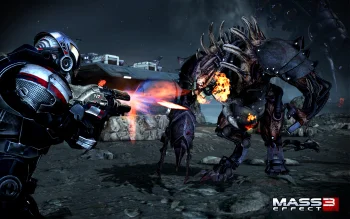 Commander Shepard in the heat of battle with a husk on a lifeless planet