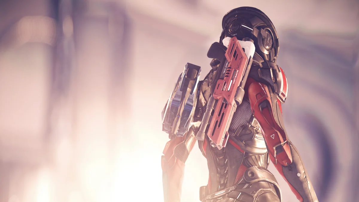 боец n7 в сиянии футуристического интерьера, mass effect, масс эффект, винтовки, воины, оружие, персонажи, актеры, фэнтези, игры