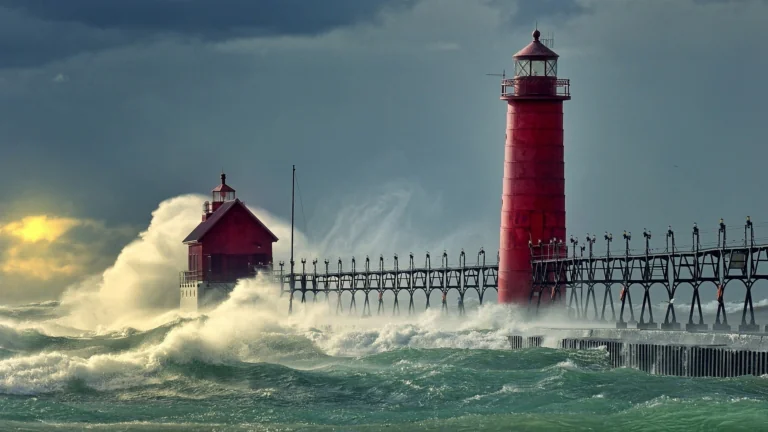 The Grand Haven Red Lighthouse during a storm on Lake Michigan