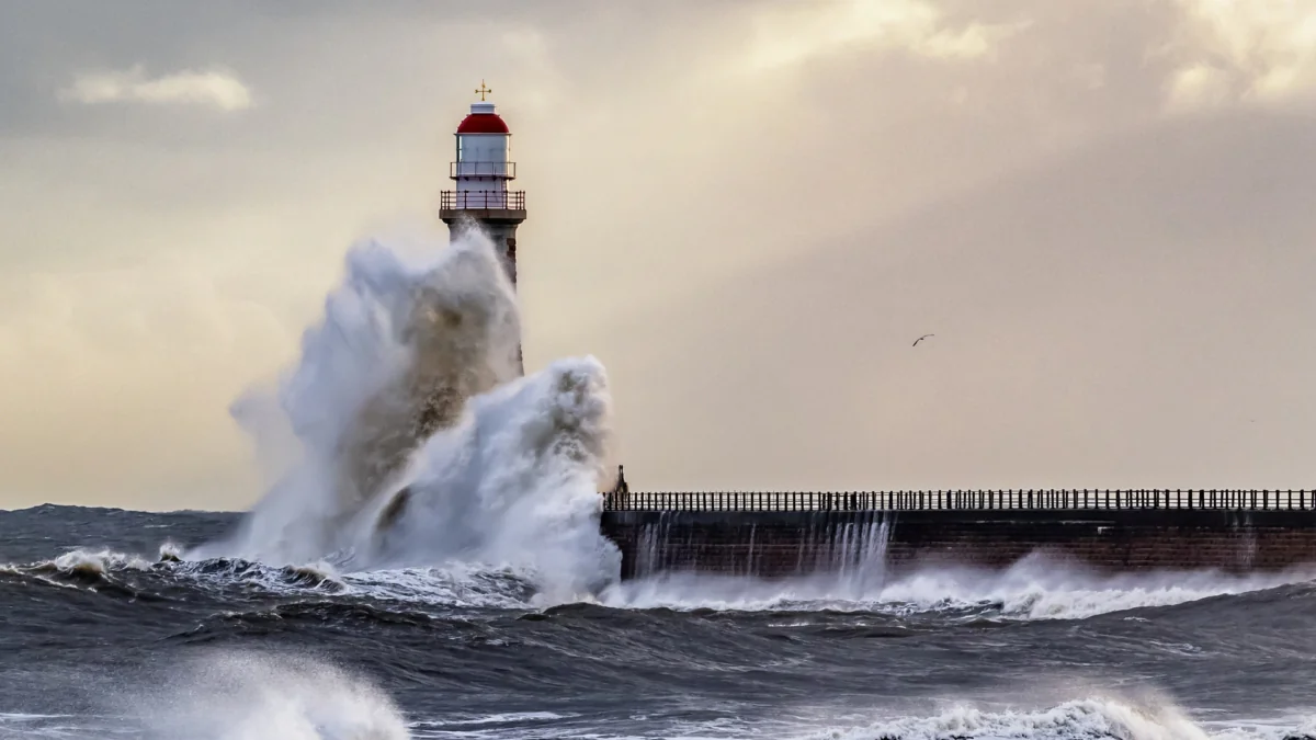 The Rocker Lighthouse in Sunderland Under Siege by Storm Waves