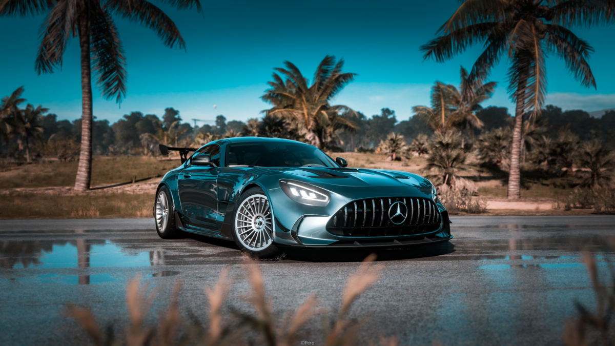 The Mercedes-AMG GT Black Series against the backdrop of a tropical coastline