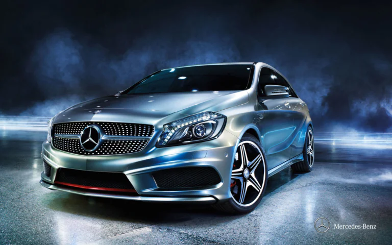 A silver Mercedes-Benz A-Class in the studio lights