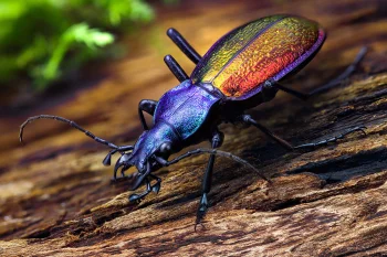 Shiny ground beetle on tree bark