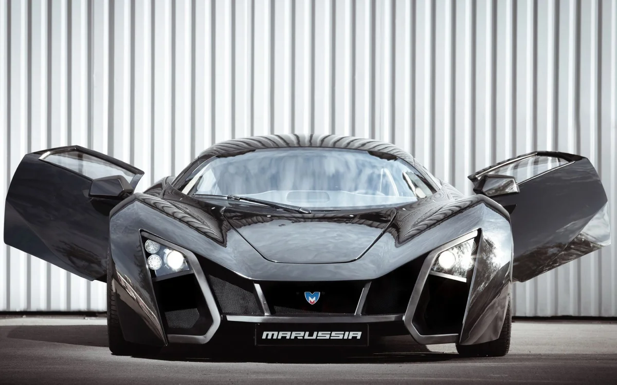 чорний спорткар marussia b2 з відкритими дверима, marussia b2, marussia, маруся, машини, автомобілі, спорткари, фари, авто