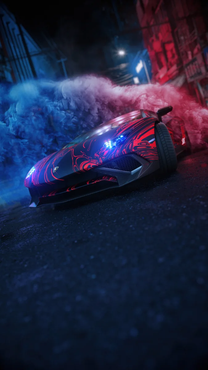 A Lamborghini Huracán in the neon-lit night of the city