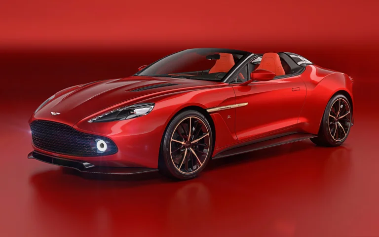 Красный Aston Martin Vanquish Zagato Volante в студийном свете