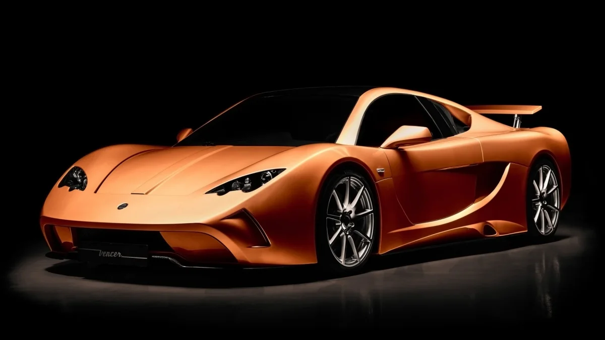 The coppery sheen of the Vencer Sarthe supercar under studio lighting
