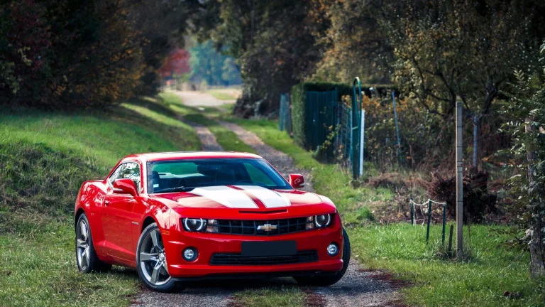 червоний chevrolet camaro на лісовій дорозі, chevrolet camaro, chevrolet, дерева, диски, колеса, дороги, шляхи, траси, шосе, магістралі, автостради, проспекти, проїзди, літо, машини, автомобілі, пейзажі, трава, трави, газони, фари, шевроле, авто