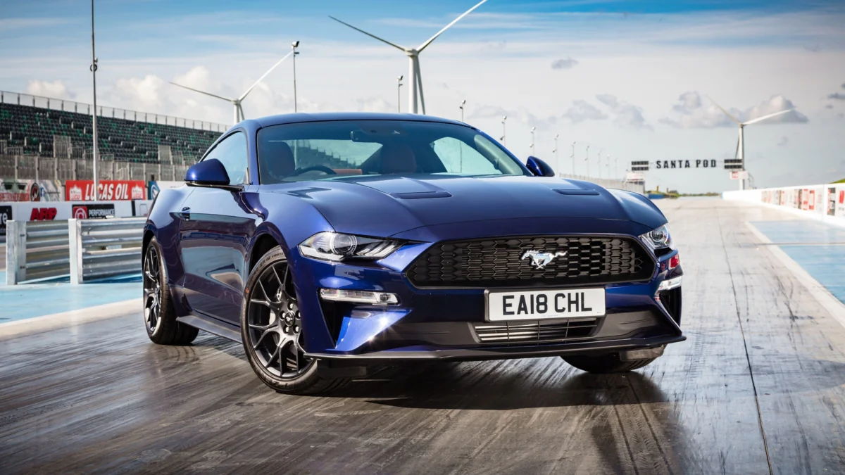 A blue Ford Mustang at the Santa Pod Raceway in England