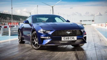 A blue Ford Mustang at the Santa Pod Raceway in England