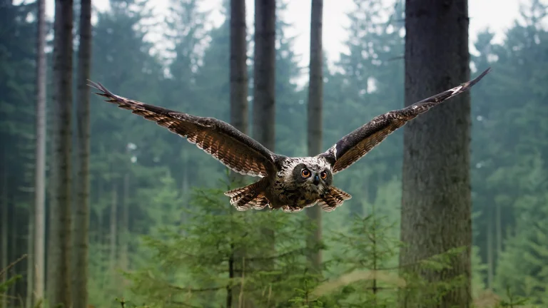 an eagle owl in flight over a coniferous forest, eagle owl, birds, forest, forests, owls, predators, trees, wings, animals, fauna