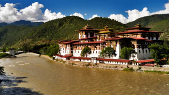 The Punakha Dzong in Bhutan, on the banks of the river
