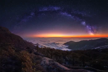 the milky way over a sea of clouds in the mountains, clouds, fog, galaxies, landscapes, milky way, mountains, peaks, hills, nebulae, sky, stars, space, the universe, astronomy, planets, earth, the sun