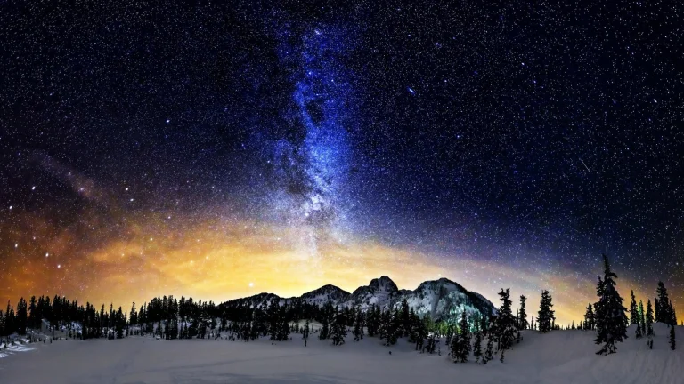 the milky way over the snow-capped mountain peaks, galaxies, landscapes, milky way, mountains, peaks, hills, nebulae, night lights, lights, streetlights, street lamps, lighting, night, sky, snow, stars, space, the universe, astronomy, planets, earth, the sun
