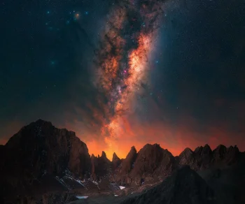 the milky way above the jagged peaks of the mountains, astronomy, cliffs, galaxies, landscapes, milky way, mountains, peaks, hills, nebulae, night lights, lights, streetlights, street lamps, lighting, night, sky, stars, space, the universe, planets, earth, the sun