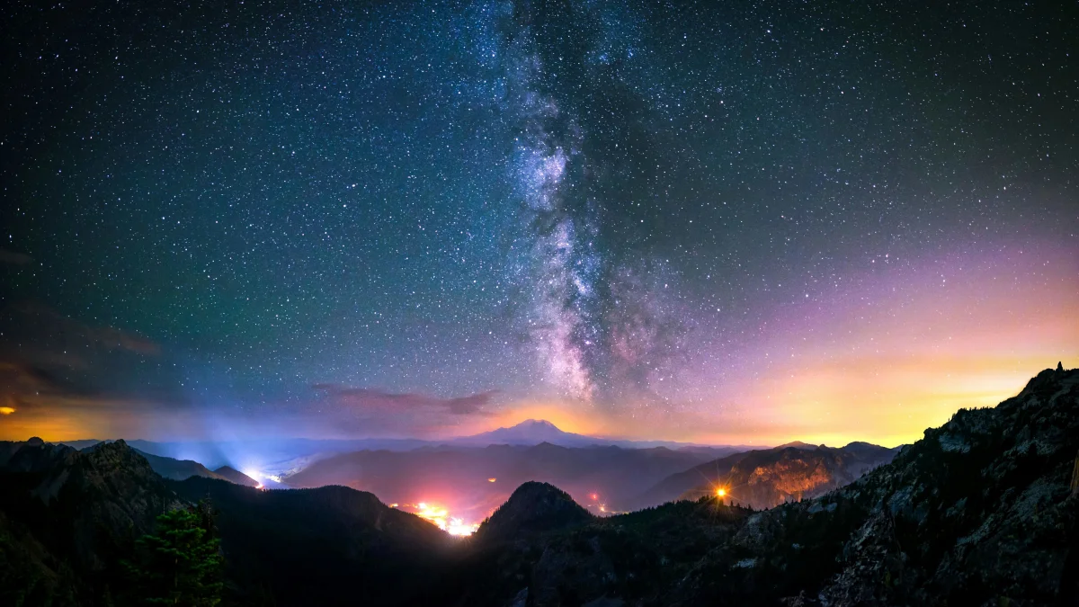 the milky way over the sleeping mountains, galaxies, landscapes, milky way, mountains, peaks, hills, nebulae, sky, stars, space, the universe, astronomy, planets, earth, the sun
