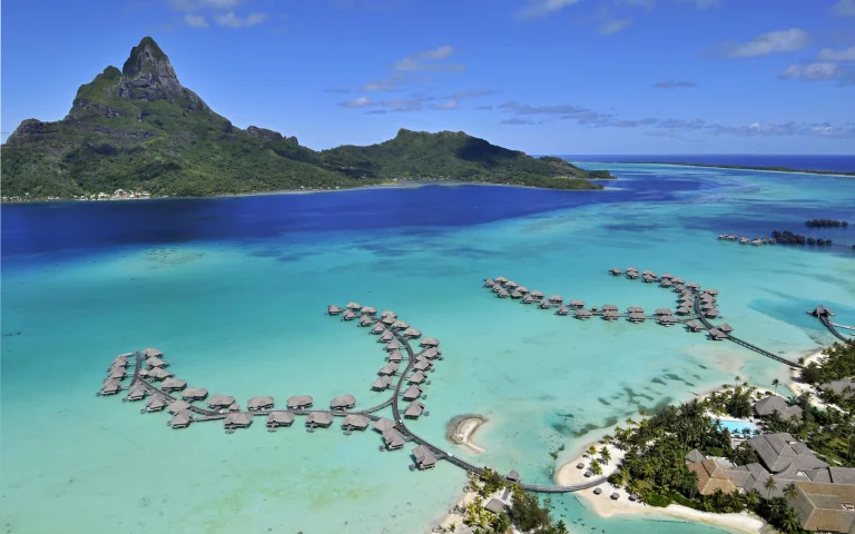 mount otemanu on the island of bora bora, french polynesia, beaches, coasts, bora-bora, hotels, islands, lagoons, landscapes, little houses, huts, cottages, mountains, peaks, hills, palm trees, sea, nature, world
