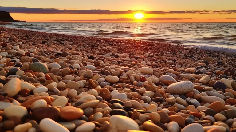 A golden sunset over the pebble beach