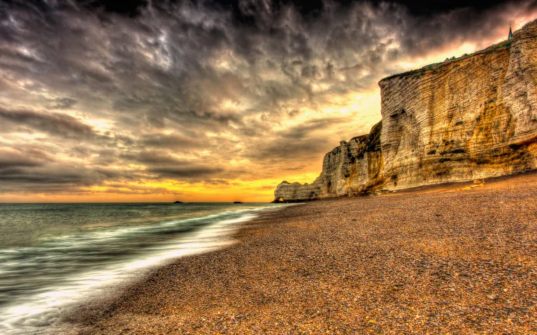 the golden light of sunset over the chalk cliffs of etretat, beaches, coasts, cliffs, clouds, landscapes, sea, nature, world